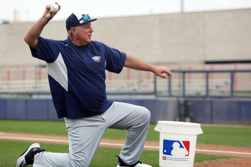 LOS ANGELES, CA-JUNE 22, 2019: Mike Scioscia tosses the ball to catchers training at the Major League Baseball Youth Academy on June 22, 2019 in Los Angeles, California. Scioscia is in his first year of retirement after a long run as manager of the Angeles. (Photo By Dania Maxwell / Los Angeles Times)