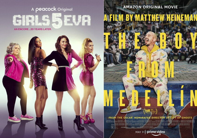 This combination of photos shows promotional art for "Girls5eva," a Peacock original series premiering Thursday, left, and "The Boy from Medellin," a film premiering Friday on Amazon. (Peacock/Amazon via AP)