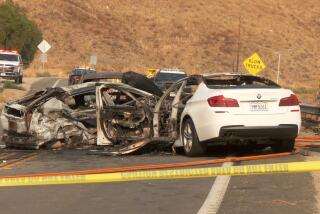 A three-car crash that ignited a small brush fire resulted in the death of six people and the hospitalization of four others in Riverside County Monday.