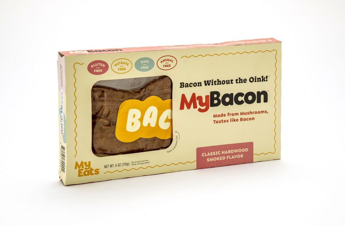 A closeup of a package that says MyBacon, bacon without the oink.