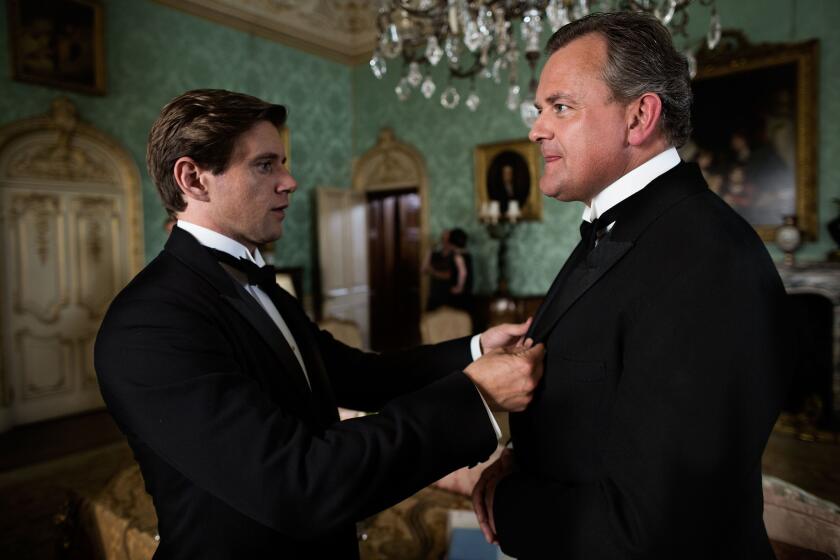 Allen Leech, left, plays Tom Branson on "Downton Abbey." He will appear at a weekend of events related to the PBS show at Sea Island, Ga. Here, on set, his character talks to Robert Crawley, played by Hugh Bonneville.