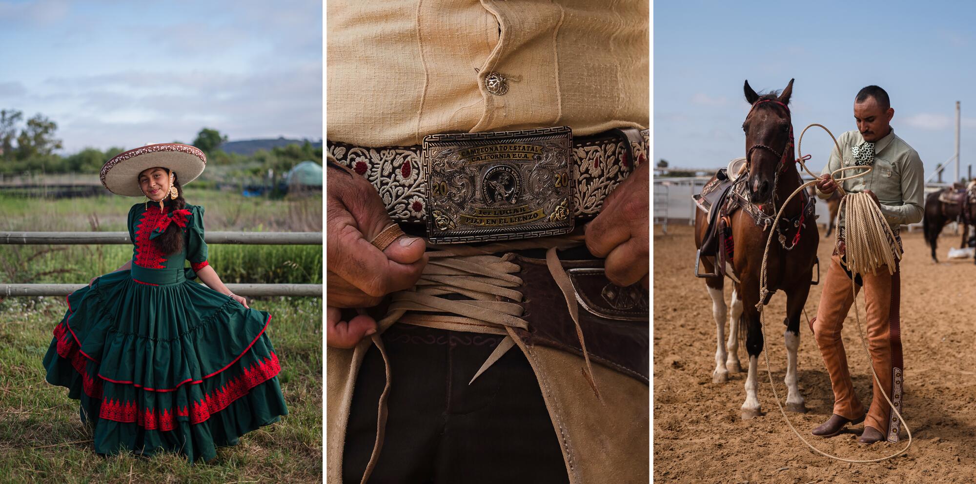 Karen Castillo, 13, poses for a photo; Aaron Valdez, a member of the Charros Rancho La Laguna team.