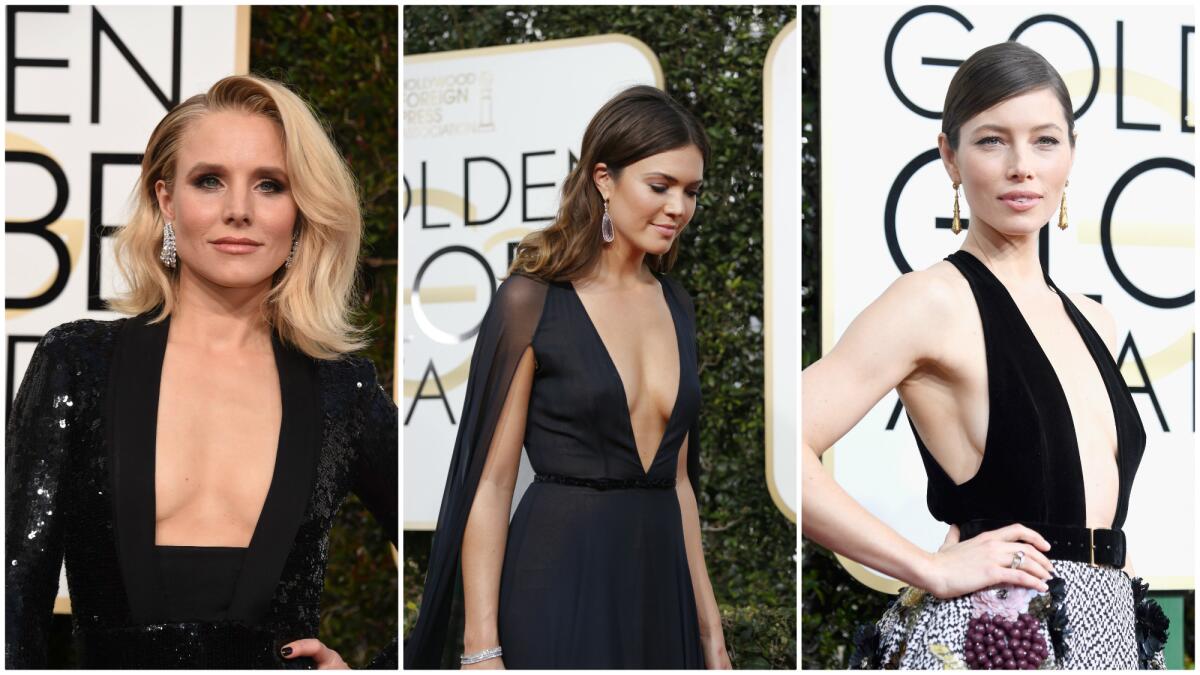 The plunging neckline trend as worn by, from left, Kristen Bell in Jenny Packham, Mandy Moore in Naeem Khan and Jessica Biel in Elie Saab.