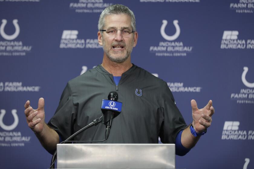 Indianapolis Colts head coach Frank Reich speaks during a news conference at the team'straining facility Aug. 26 in Indianapolis. (AP Photo/Darron Cummings)