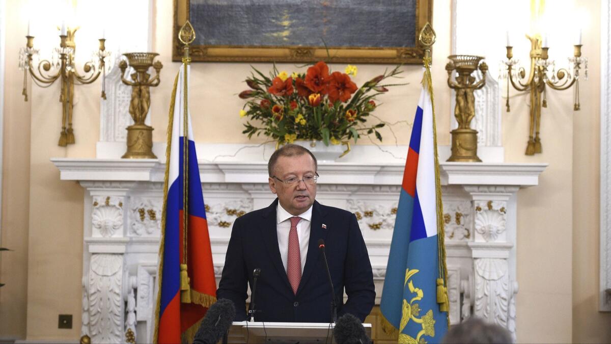 Russian ambassador Alexander Vladimirovich Yakovenko speaks at a news conference Thursday at his country's embassy in London, responding to the United Kingdom's accusations about Russia after a nerve agent attack in Salisbury, England.
