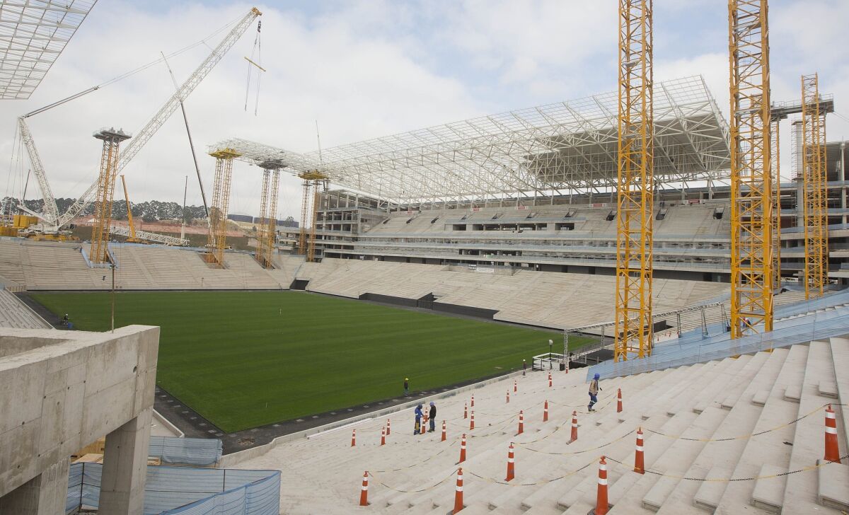 An Aug. 19 view of the construction at the Itaquerao Stadium in Sao Paulo, Brazil.