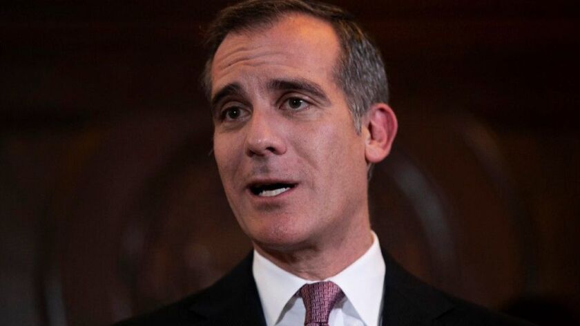 Los Angeles Mayor Eric Garcetti speaks during a news conference at City Hall on Jan. 29.