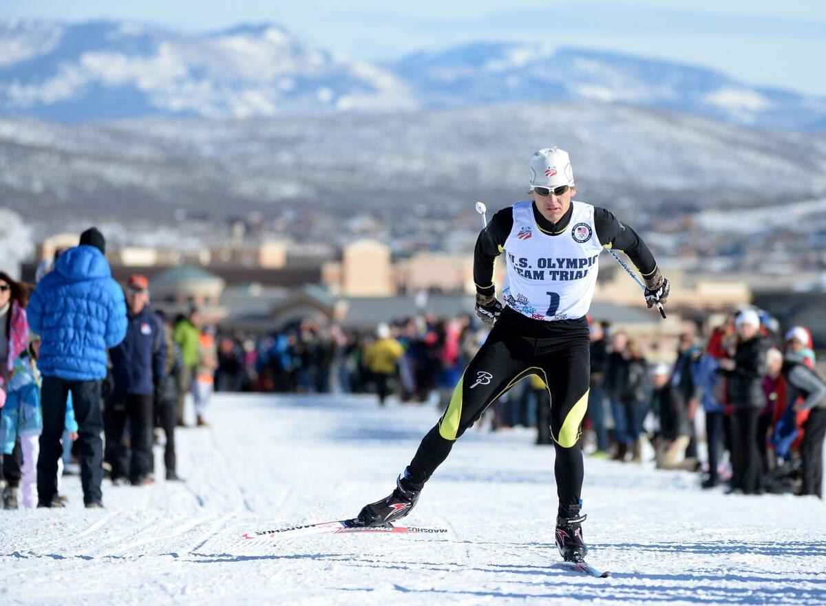 Todd Lodwick skis to a first-place finish in the 10-kilometer cross-country race during the U.S. Olympic trials in Park City, Utah.