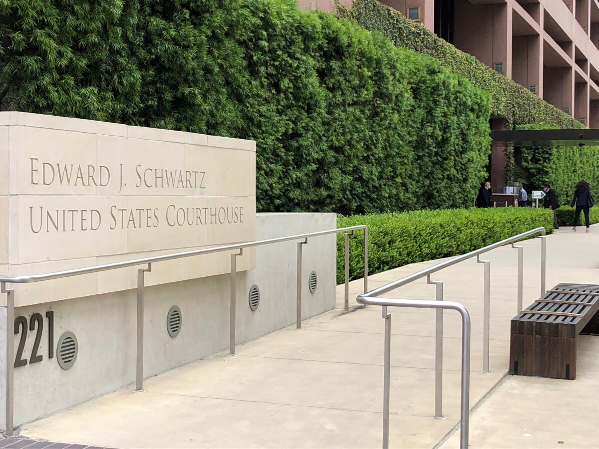 The entrance to the Edward J. Schwartz U.S. Courthouse in downtown San Diego.