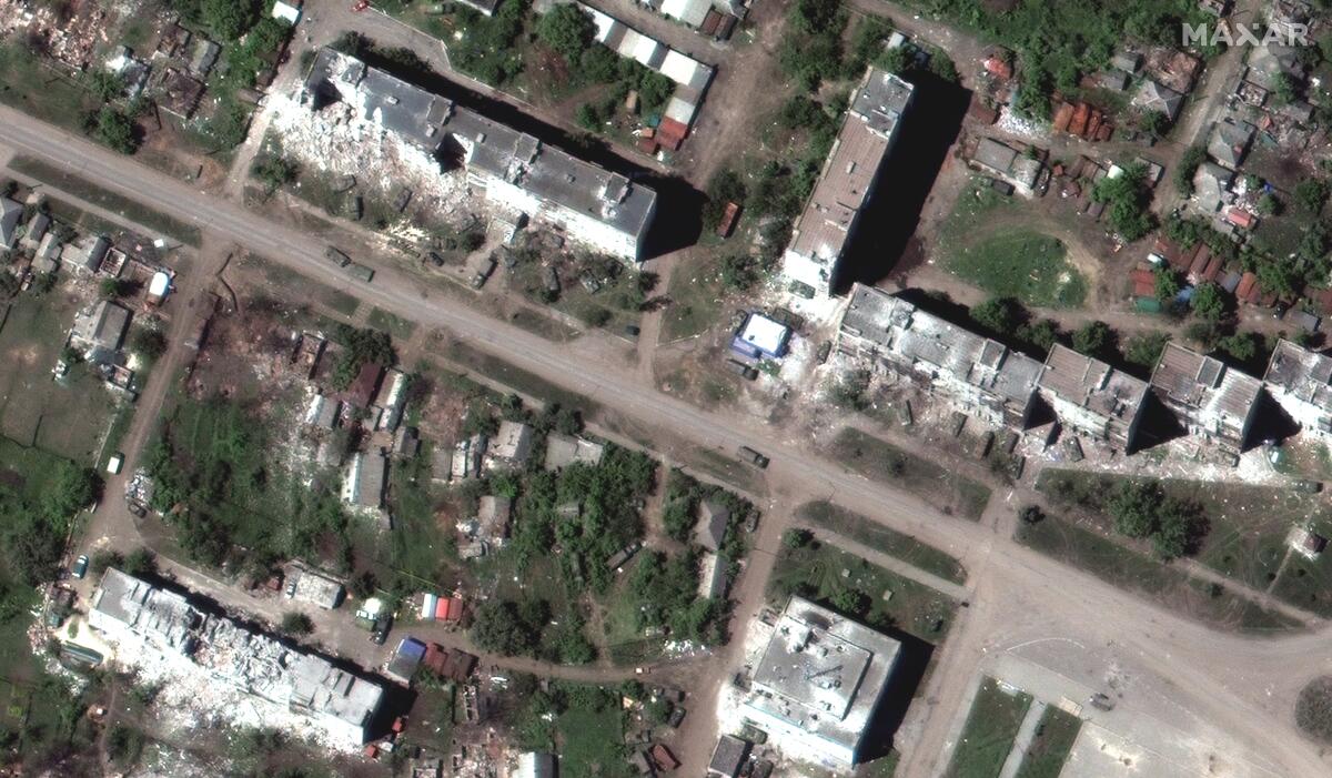 Aerial view of a Russian armored unit near the eastern Ukrainian city of Severodonetsk