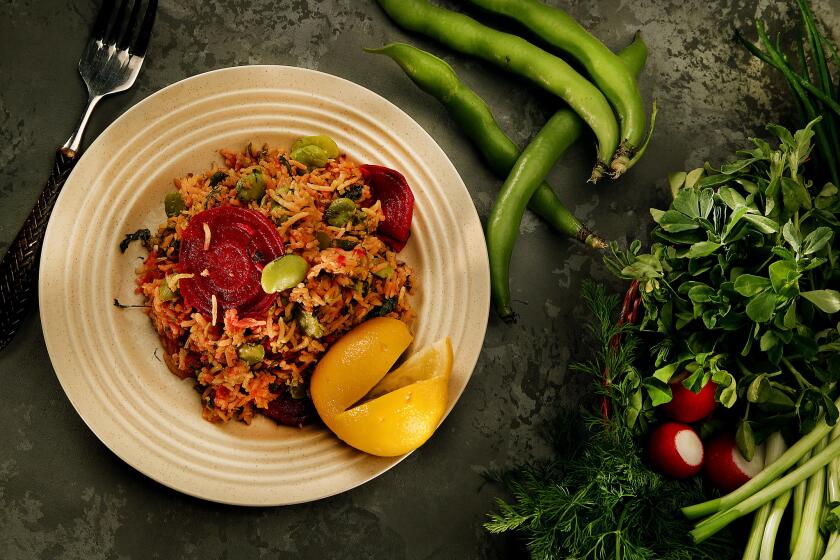 From Joan Nathan's new book: Gondi kashi rice with turkey, beets, fava beans and herbs.