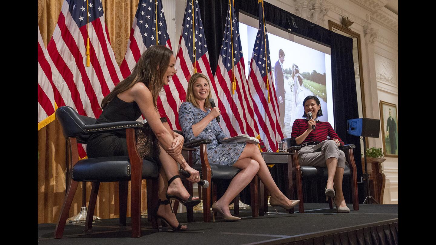 Barbara Pierce Bush, left, and Jenna Bush Hager laugh while sharing a story with SuChin Pak, right, during an event at the Nixon Library to promote their new book “Sisters First: Stories From our Wild and Wonderful Life,” on Tuesday, November 7.