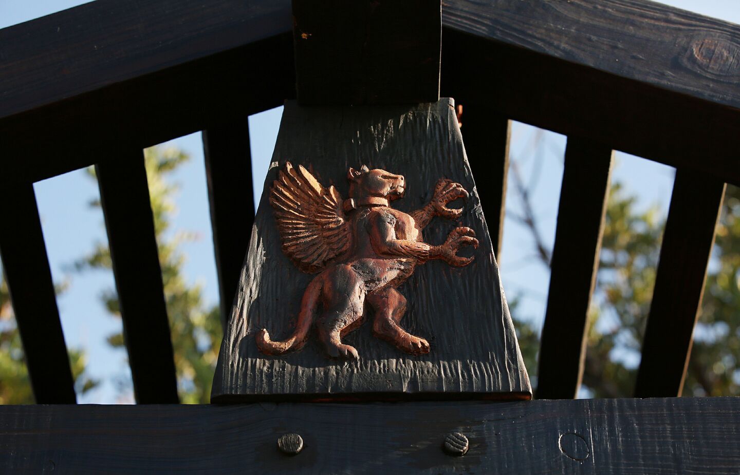 The teahouse is decorated with a hand-carved image of a mythological griffin. In honor of Los Angeles, it is part red-tailed hawk (common to the area) and part mountain lion (like P-22, the famous mountain lion spotted in the area). The creature is shown wearing a tracking collar.