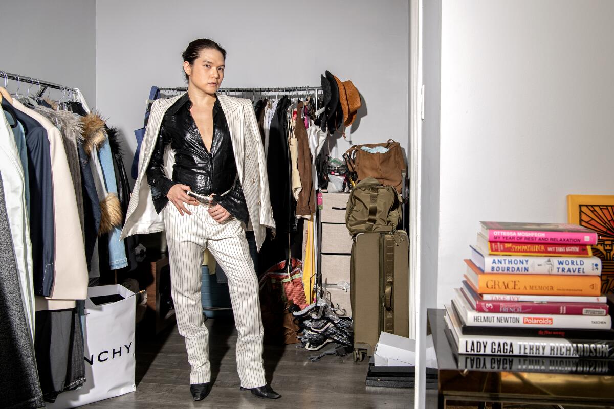 LOS ANGELES, CA - MAY 20: Stylist Bin X. Nguyen at his residence on Tuesday, May 20, 2025. (Mariah Tauger)