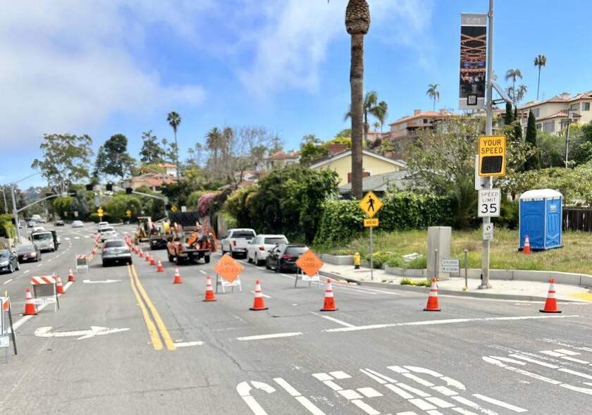 Traffic is impacted by an SDG&E trenching project to replace gas lines on Torrey Pines Road bet. Amalfi and Princess streets.