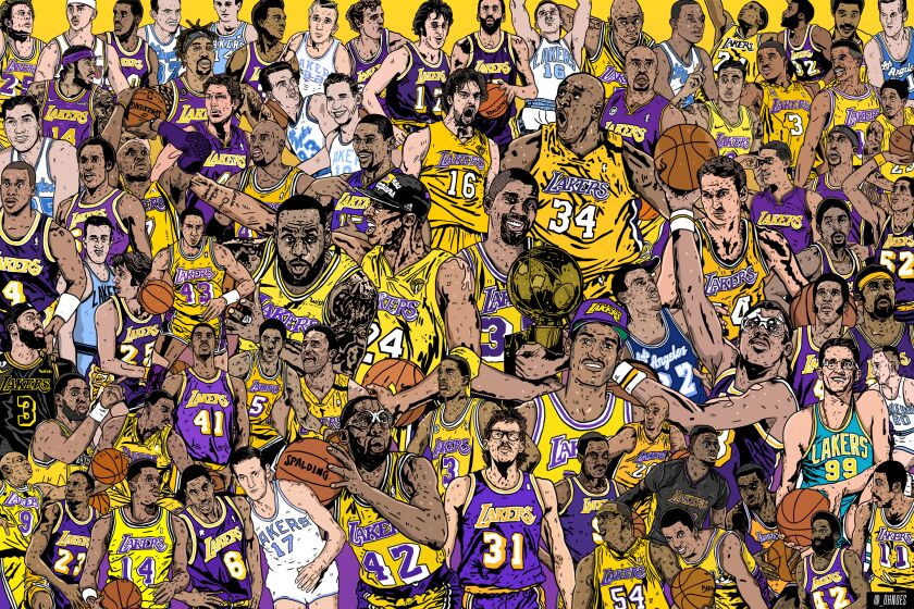A collage of drawings of The Times' 75 greatest Lakers players.