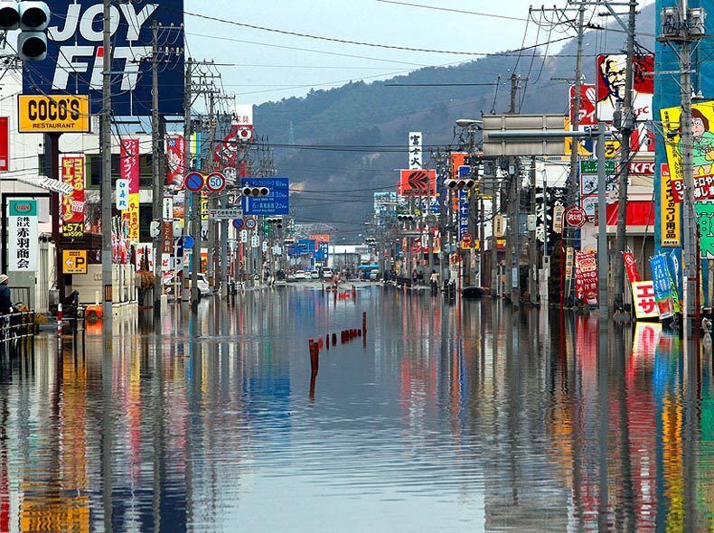 The town of Ishinomaki is flooded and the citys downtown area remains deserted on March 15.
