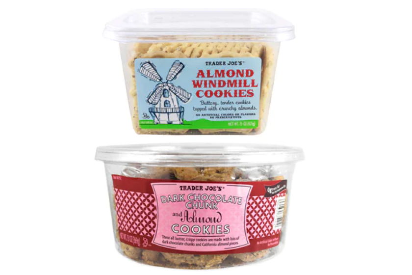 Two containers of cookies that say Almond Windmill Cookies and Dark Chocolate Chunk and Almond Cookies.