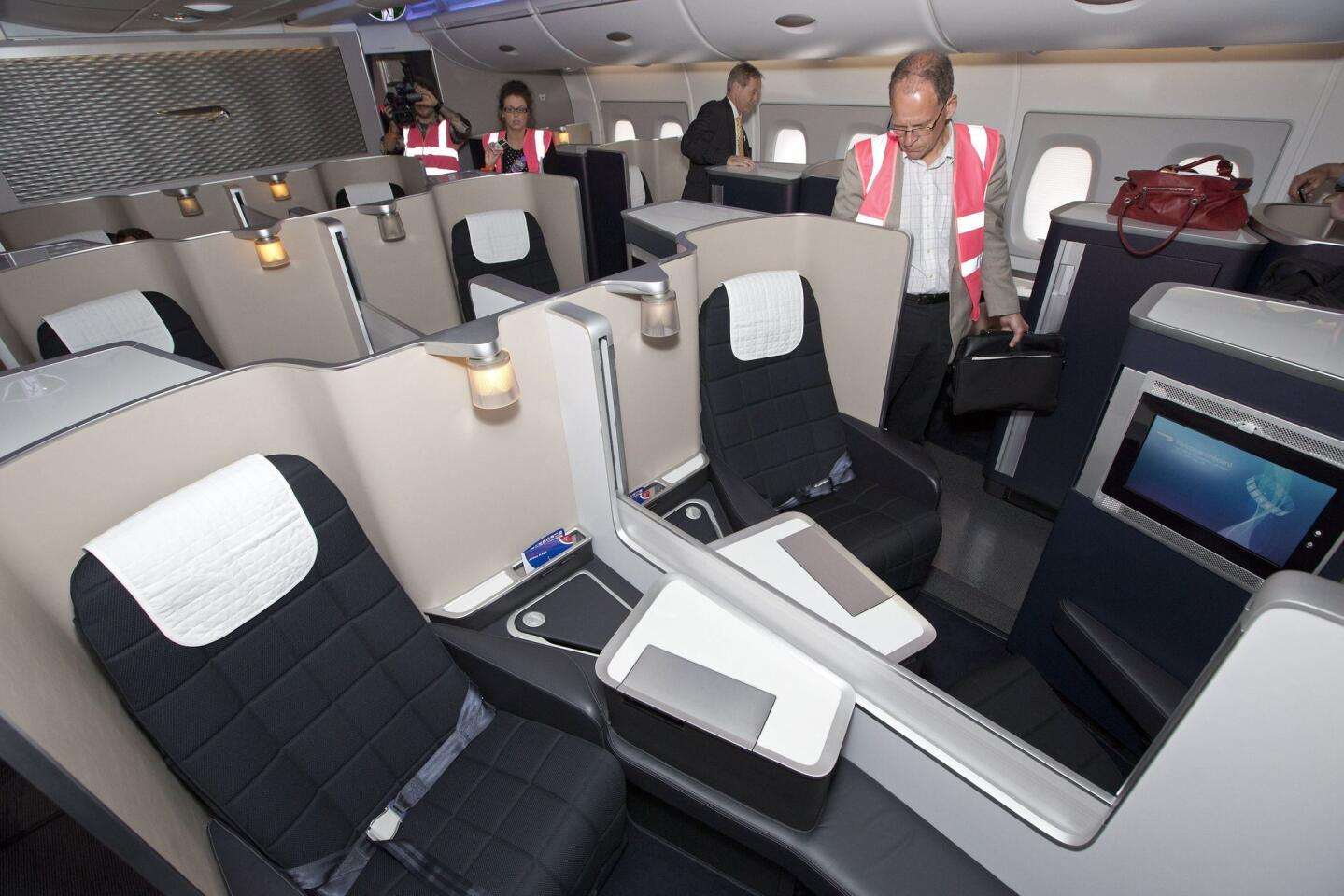 British Airways' 14 first class seats are found in the main cabin. The airline says that passengers in this class have 30% more personal space and 60% more storage space.