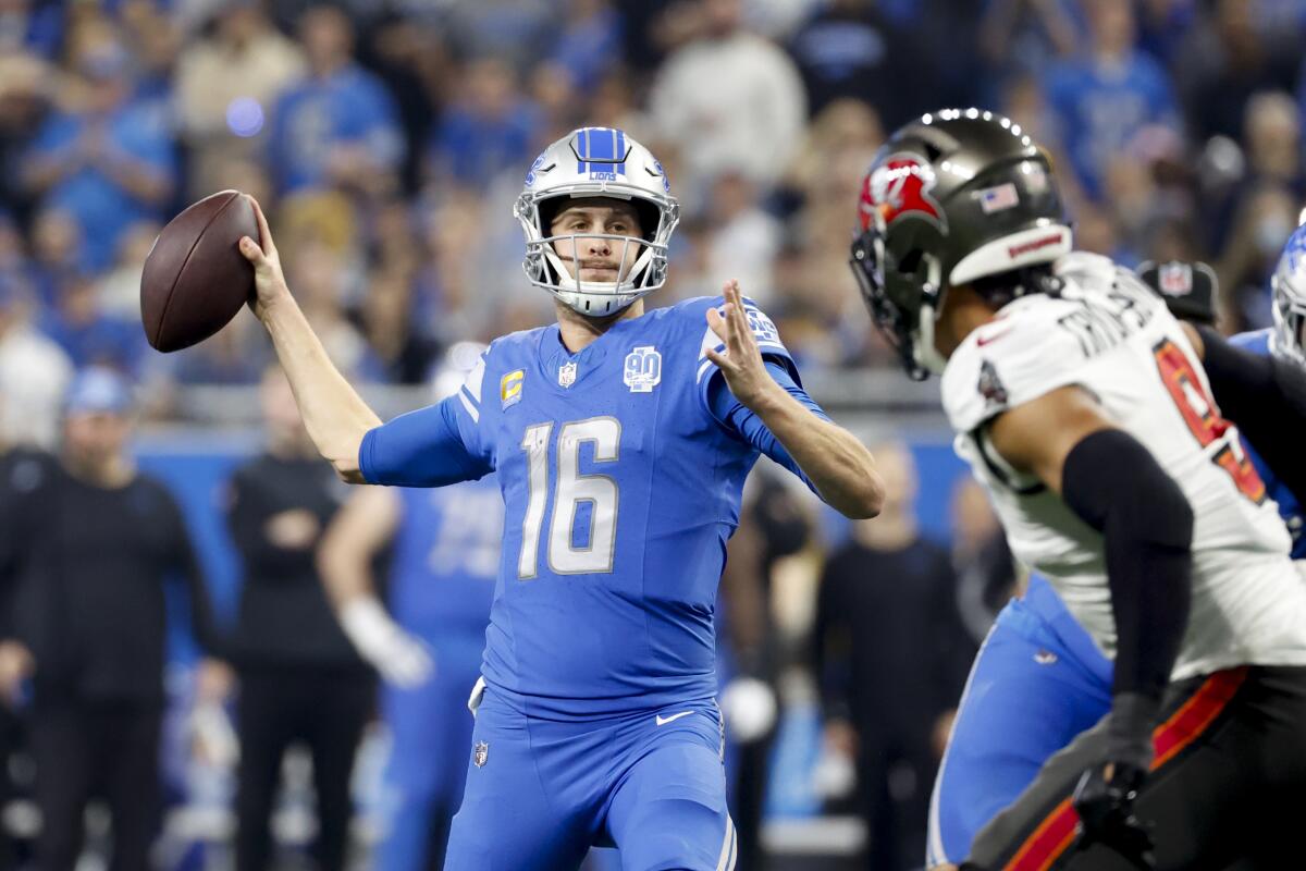 Detroit Lions quarterback Jared Goff passes for a touchdown during a win over the Tampa Bay Buccaneers.