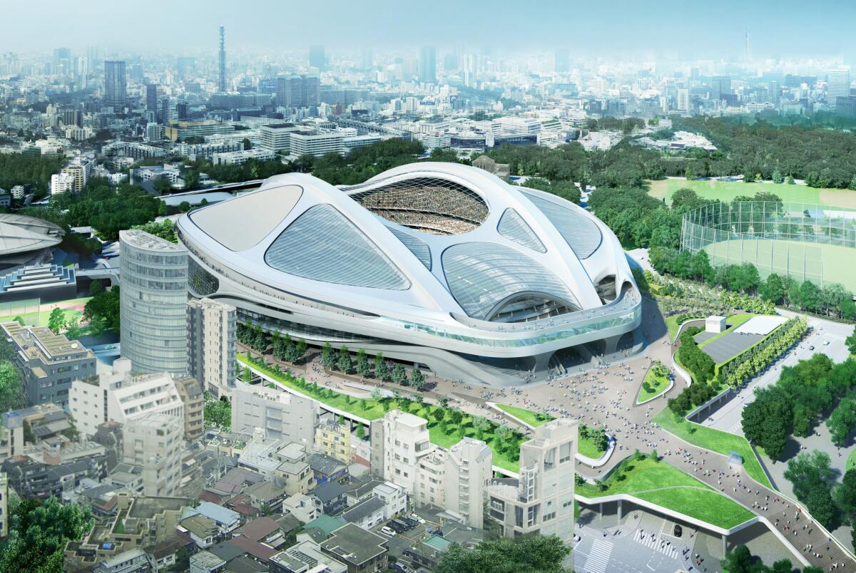 An artist's rendering of the original stadium design for the 2020 Tokyo Olympics. Plans for the project have been scrapped after construction costs spiraled out of control.
