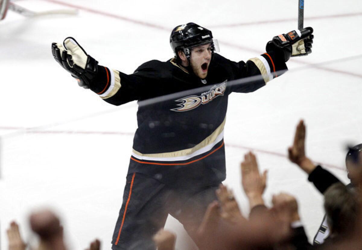 Ducks right winger Bobby Ryan celebrates after Teemu Selanne's game-winning goal against the Blackhawks last month. Anaheim is hoping to spark some more offensive magic as the season moves toward the playoffs.