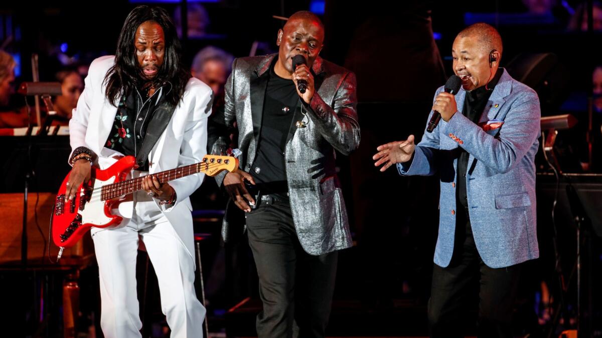 Veteran R&B-funk band Earth, Wind and Fire, shown performing at the Hollywood Bowl in 2016, reportedly will join the summer's newest pop music festival, Classic West and Classic East, for july shows in Los Angeles and New York.