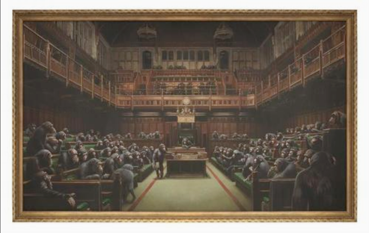 Foto Cedida por Sotheby's del óleo del artista Banksy que representa la Cámara de los Comunes británica repleta de chimpancés se remató hoy en una subasta en Londres por 9,8 millones de libras (11 millones de euros). EFE