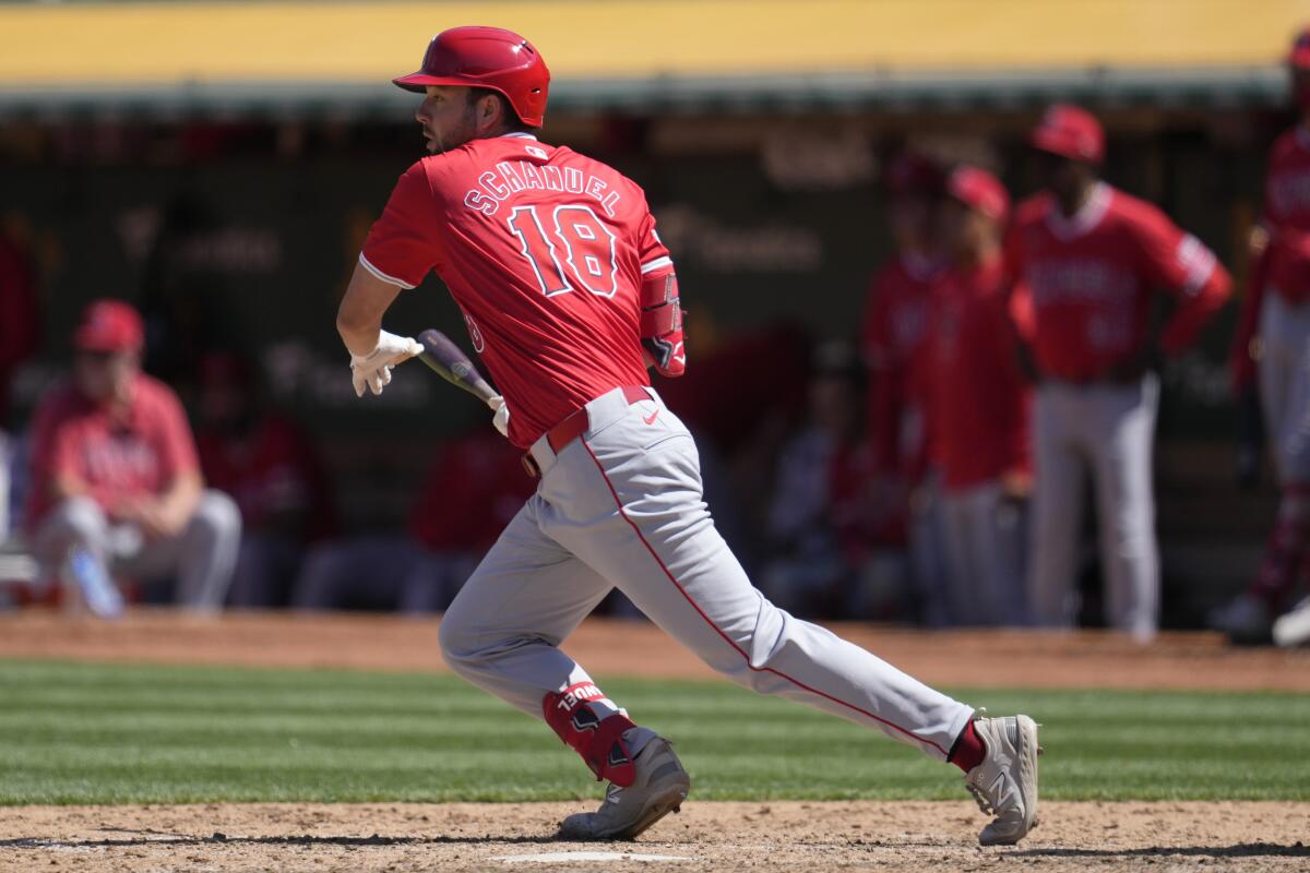 Nolan Schanuel hits a run-scoring single for the Angels against the Oakland Athletics.