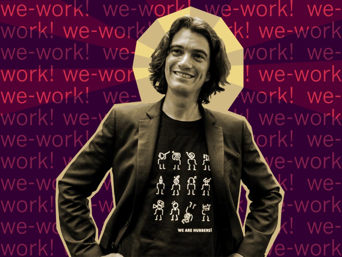 Photo illustration of Adam Neumann against a text background with the chant "we-work! we-work!"