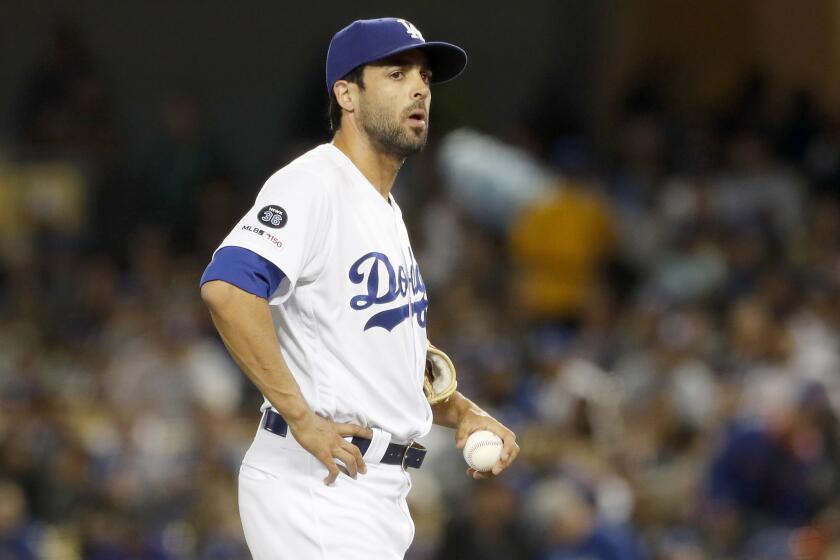 LOS ANGELES, CALIF. - MAY 28, 2019. Dodgers pitcher Scott Alexander returns to the mound after giving up a grand slam to Mets outfielder Michael Conforto in the seventh inning on Tuesday night, May 28, 2019. (Luis Sinco/Los Angeles Times)