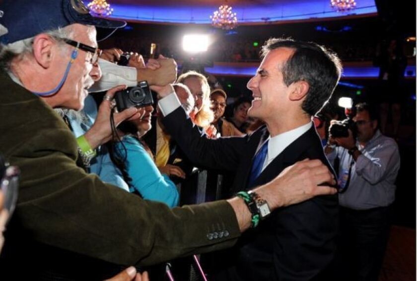Eric Garcetti greets supporters at the Hollywood Palladium on election night.