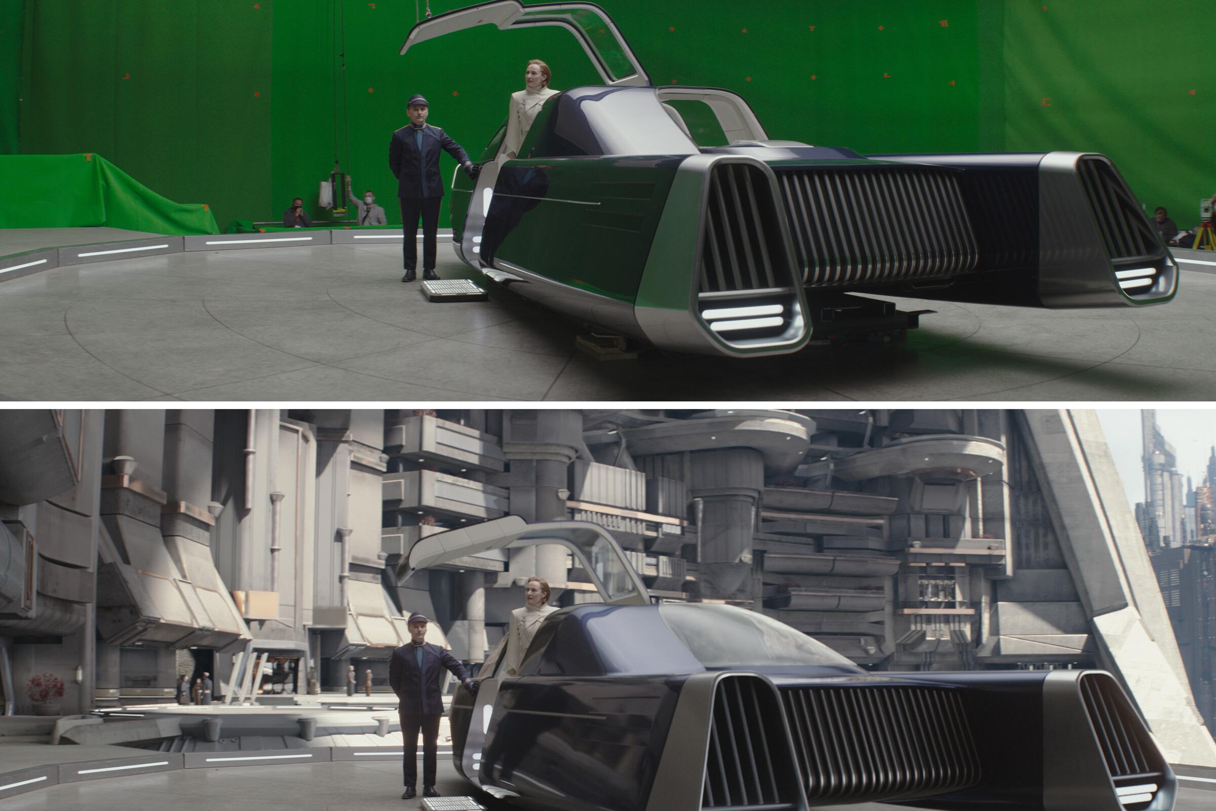 Top: A woman exits a futuristic car on a green-screen stage. Bottom: Same woman, same car, now amid a filled-in city planet.