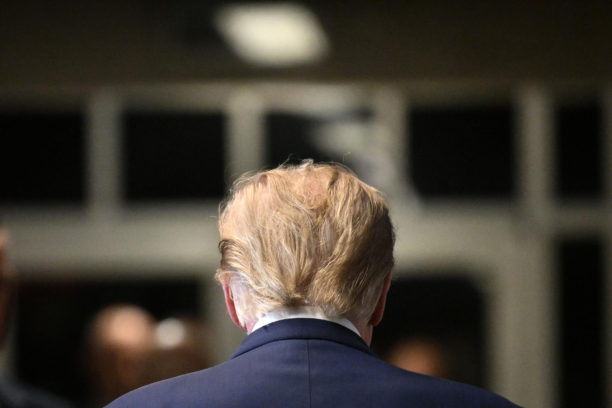 Former President Trump, pictured from behind, from the top of his shoulders up, with a large, out-of-focus room beyond him.