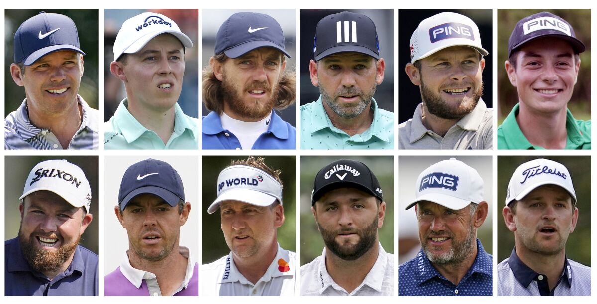 FILE - This combo of file photos shows the 2020 European Ryder Cup golf team. Top row, from left, Paul Casey, Matthew Fitzpatrick, Tommy Fleetwood, Sergio Garcia, Tyrrell Hatton and Viktor Hovland. Bottom row, from left, Shane Lowry, Rory McIlroy, Ian Poulter, Jon Rahm, Lee Westwood and Bernd Wiesberger. The pandemic-delayed 2020 Ryder Cup returns the United States next week at Whistling Straits along the Wisconsin shores of Lake Michigan. (AP Photo/File)