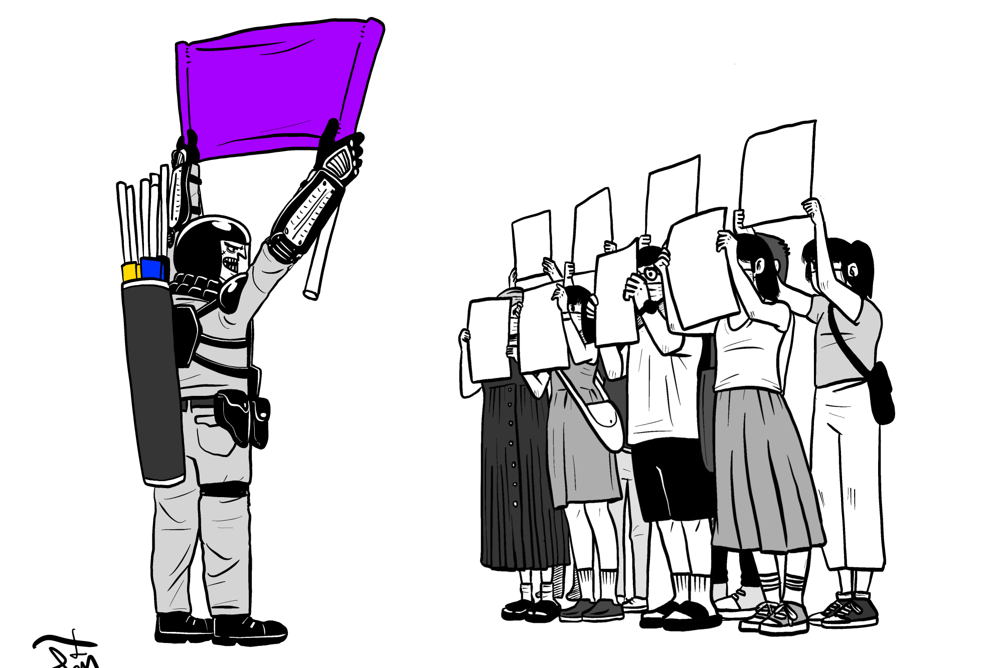 A cartoon by Hong Kong artist Kit Man depicts protesters facing police with blank sheets of paper.