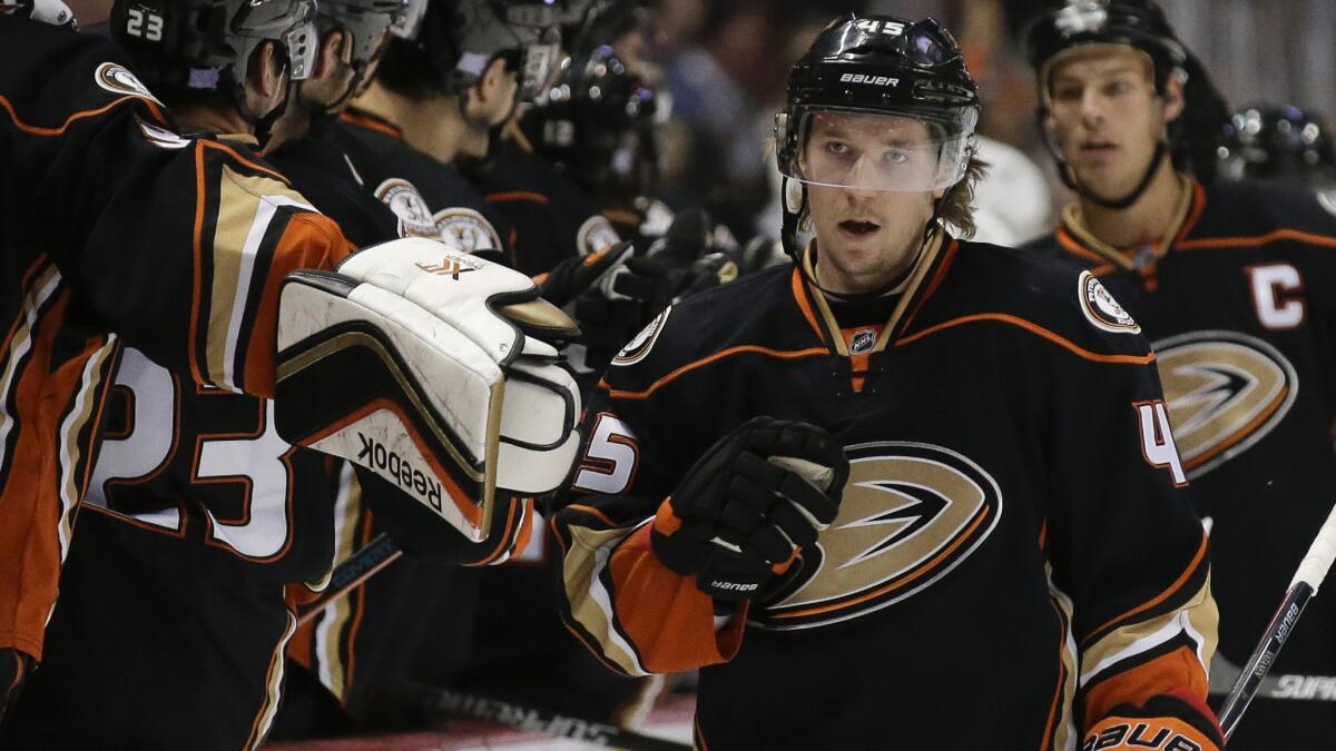 Ducks defenseman Sami Vatanen celebrates with his teammates after scoring against the Columbus Blue Jackets on Friday.