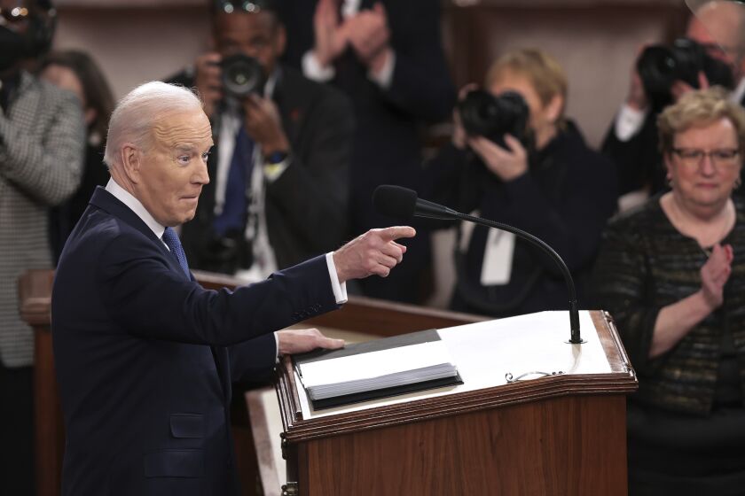President Joe Biden arrives to deliver his State of the Union address to a joint session of Congress at the Capitol, Tuesday, March 1, 2022, in Washington. (Win McNamee, Pool via AP)