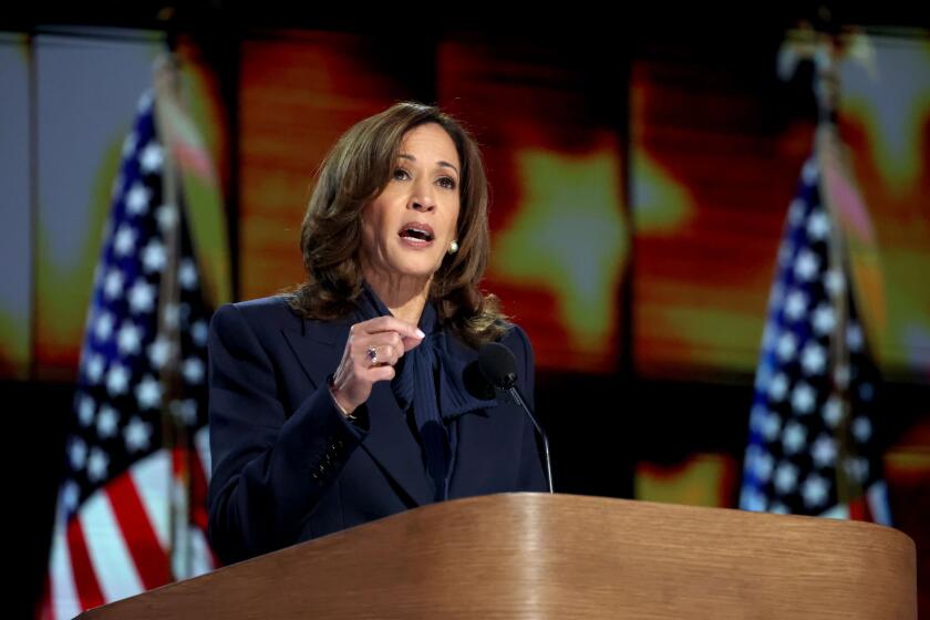 CHICAGO, IL AUGUST 22, 2024 - Democratic presidential nominee Vice President Kamala Harris speaks during the Democratic National Convention Thursday, Aug. 22, 2024, in Chicago, IL. (Robert Gauthier/Los Angeles Times)