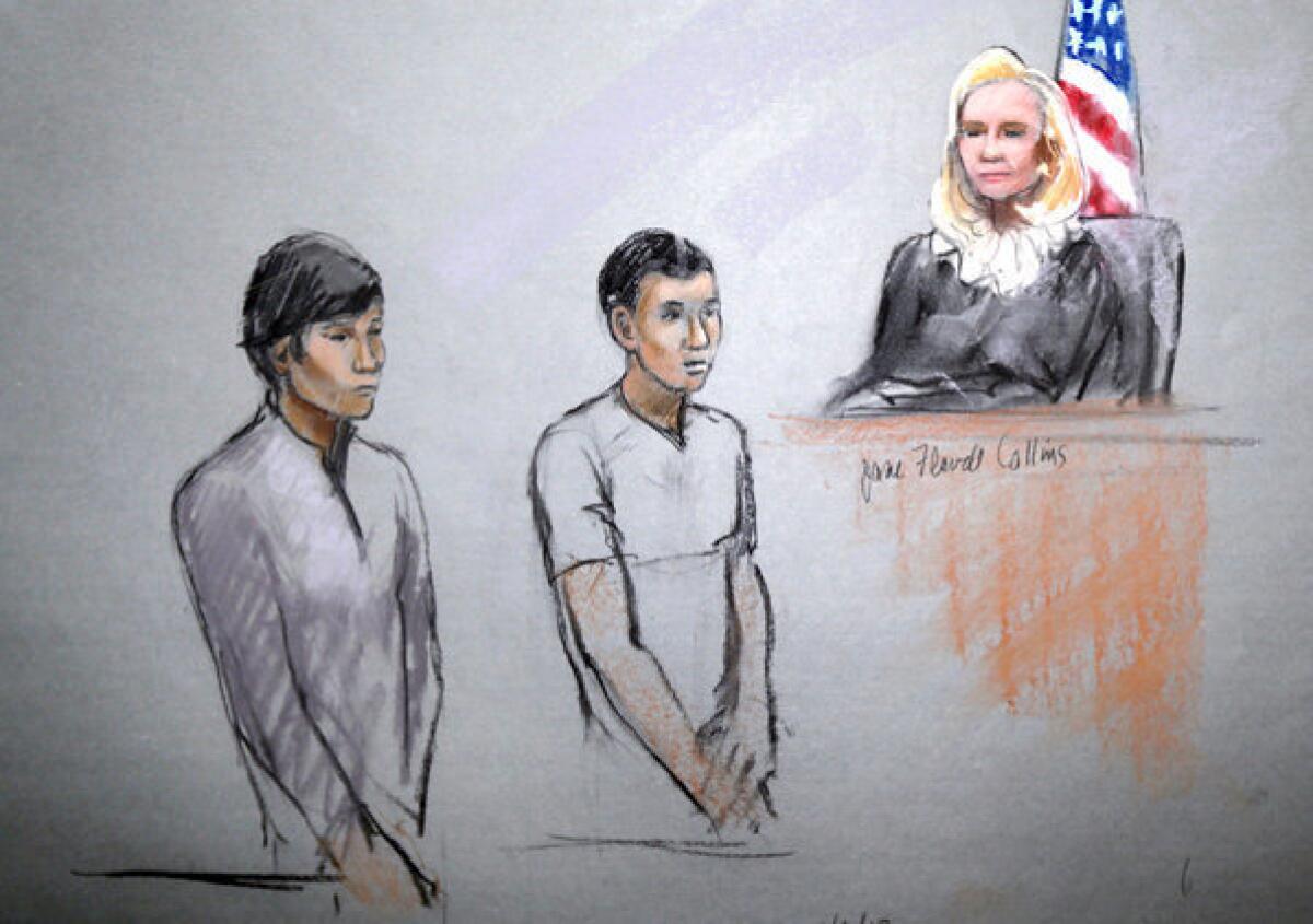 This courtroom sketch signed by artist Jane Flavell Collins shows defendants Dias Kadyrbayev, left, and Azamat Tazhayakov appearing in front of Federal Magistrate Marianne Bowler at the Moakley Federal Courthouse in Boston in May.