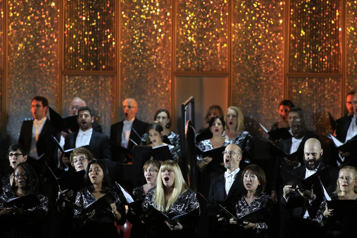 The Los Angeles Master Chorale performs for the Music Center's 50th Anniversary Spectacular at the Dorothy Chandler Pavilion in December 2014.