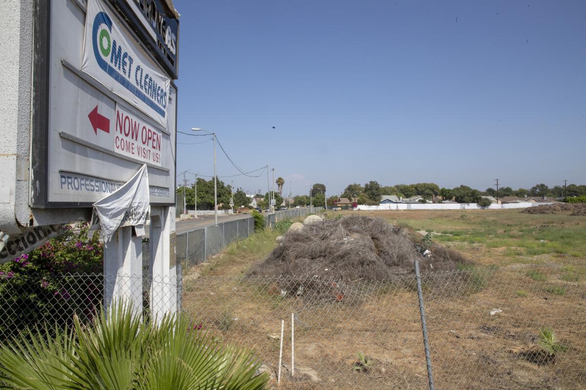 An L.A. city commission voted Tuesday to reject plans for 577 apartments on an empty lot on Crenshaw Boulevard, shown in 2018. 