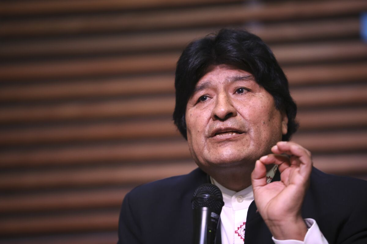 FILE - In this Feb. 21, 2020 file photo, Bolivia's ousted, former President Evo Morales gives a press conference regarding the rejection of his plan to run for Senator in Buenos Aires, where he is living, in Argentina. On Monday, Sept. 7, 2020, a Bolivian court blocked Morales from seeking a senate seat in the country’s October elections, arguing that the ex-leader, living in Argentina, doesn’t meet residency requirements. (AP Photo/Natacha Pisarenko, File)