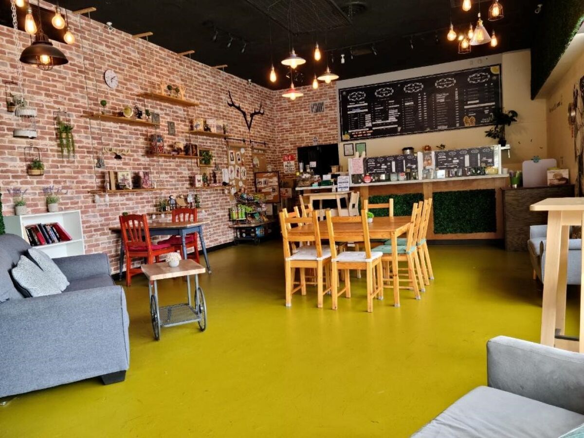 Guests at Yeeha Boba Tea can lounge in a rustic space filled with couches, red brick walls, knickknacks and hardcover books.