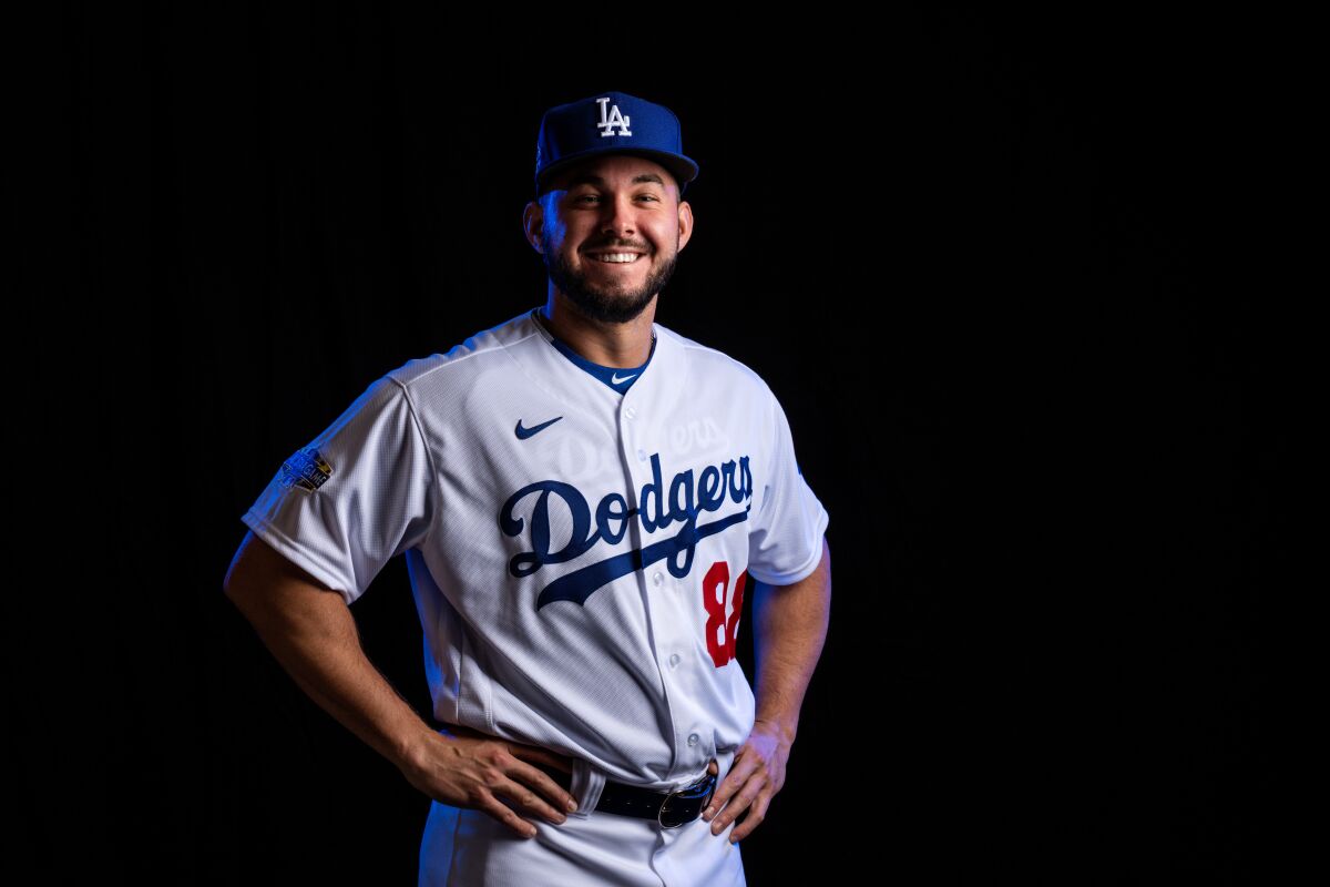 Dodgers outfield prospect Zach Reks poses for a portrait during spring training Feb. 20, 2020, in Phoenix.