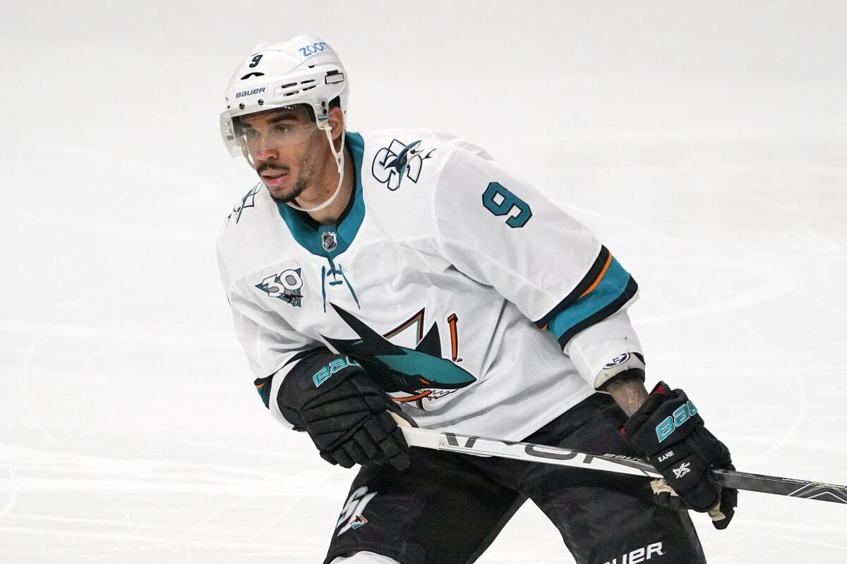 San Jose Sharks left wing Evander Kane skates during the third period against the Kings.