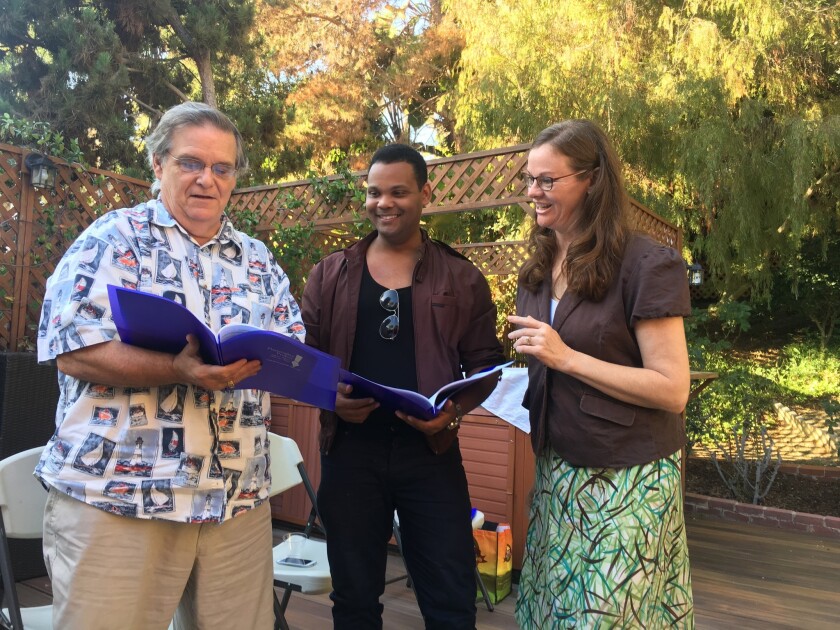Actors Fred Harlow and Brandon Kelley with Playwrights Project Executive Director Cecelia Kouma.
