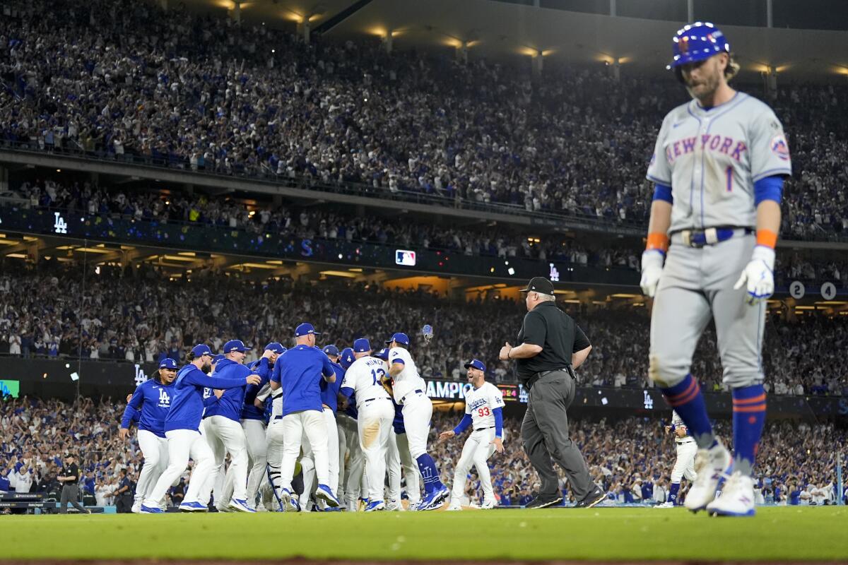 The Los Angeles Dodgers celebrates their win a 