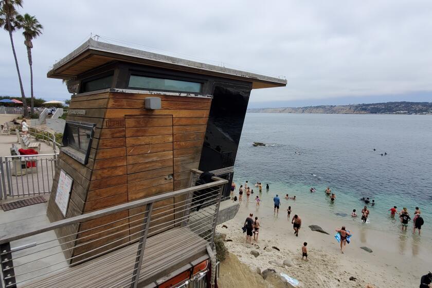 Lifeguards watch over La Jolla Cove from a tower on the edge of Scripps Park