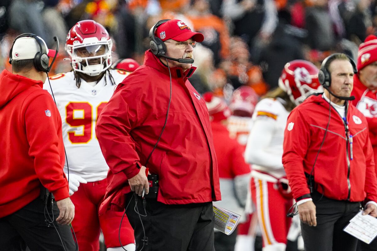 Kansas City Chiefs head coach Andy Reid watches for the sideline as his team played against the Cincinnati Bengals in the first half of an NFL football game in Cincinnati, Sunday, Dec. 4, 2022. (AP Photo/Joshua Bickel)